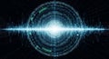 Abstract visualization of digital sound wave data transmission across a futuristic circular interface. Royalty Free Stock Photo