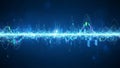 Vibrant blue digital waveform with data streams and binary code against dark background Royalty Free Stock Photo