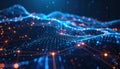 Abstract visualization of futuristic big data network represented by glowing blue waves and interconnected orange nodes against a Royalty Free Stock Photo
