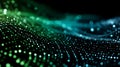 Abstract visualization of glowing digital data points flowing in interconnected green and blue streams creating a mesmerizing Royalty Free Stock Photo