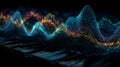 Abstract visualization of glowing digital data points forming complex wave patterns across a dark futuristic financial analytics Royalty Free Stock Photo