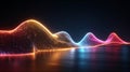 Abstract visualization of glowing digital data streams flowing dynamically across a dark reflective surface forming vibrant energy Royalty Free Stock Photo