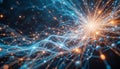 Futuristic neural network visualization with glowing connections and dynamic energy flow in cyberspace Royalty Free Stock Photo