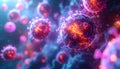 Abstract visualization of glowing purple and orange virus particles in a dark environment Royalty Free Stock Photo