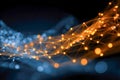 Abstract visualization of interconnected network nodes with glowing orange and blue lights illustrating digital communication and Royalty Free Stock Photo