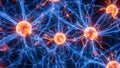 Abstract visualization of interconnected neural network with glowing orange neuron bodies and blue electrical Royalty Free Stock Photo