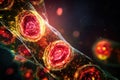Abstract Visualization of Microscope Cell Structures with Red Hues and Light Effects. Royalty Free Stock Photo