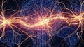 Abstract visualization of neural network activity with glowing orange neurons and blue brain structure connections Royalty Free Stock Photo