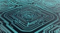 Abstract visualization showing complex digital data flow over sleek dark electronic circuit board structure with glowing cyan Royalty Free Stock Photo