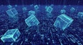 Abstract Digital Cubes Floating in Binary Code Matrix, Futuristic Technology Royalty Free Stock Photo