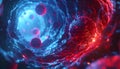 Abstract visualization of a virus particle within a glowing red and blue biological tunnel Royalty Free Stock Photo
