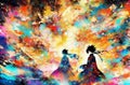 Abstract vivid illustration with imaginative colorful anime images