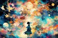 Abstract vivid illustration with imaginative colorful anime images