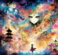 Abstract vivid illustration with imaginative colorful anime images