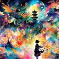 Abstract vivid illustration with imaginative colorful anime images