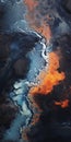 Abstract Volcano Drone Photograph: Blue, Orange, And Black Lava Flows