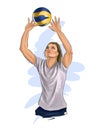 Abstract volleyball player jumping from splash of watercolors, colored drawing, realistic Royalty Free Stock Photo