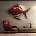 Abstract Wall Art: Modern Living Room With Maroon Fish And Bronze Decor