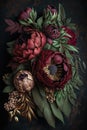 Abstract wallpaper of beautiful dark red peonies on a dark background. Generative AI Royalty Free Stock Photo