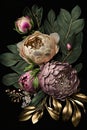 Abstract wallpaper of beautiful pastel color peonies on a dark background. Generative AI