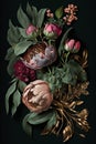 Abstract wallpaper of beautiful pastel color peonies on a dark background. Generative AI Royalty Free Stock Photo