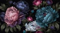 Abstract wallpaper of beautiful peonies on a dark background. Generative AI Royalty Free Stock Photo