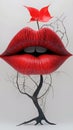Abstract wallpaper with red lips and black tree on white background. Royalty Free Stock Photo