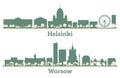 Abstract Warsaw Poland and Helsinki Finland city skyline set silhouette with color buildings. Illustration