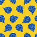 Abstract water drop and bubble vector seamless pattern background. Navy blue and yellow backdrop with large rain drops