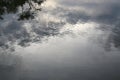 Abstract water surface reflection with dark cloud while sunset. Dramatic tone Royalty Free Stock Photo