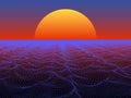 Abstract water surface with sphere sun on horizon. Technology vector background. Royalty Free Stock Photo