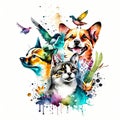 Abstract watercolor animals lovely cats bird and the dog background wallpaper