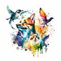 Abstract watercolor animals lovely cats bird and the dog background wallpaper