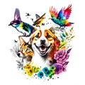 Abstract watercolor animals lovely cats bird and the dog background wallpaper