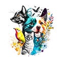 Abstract watercolor animals lovely cats bird and the dog background wallpaper