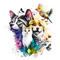 Abstract watercolor animals lovely cats bird and the dog background wallpaper