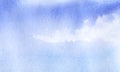 Abstract watercolor background of blue shades. Gentle blue sky with fluffy white clouds. Hand drawn illustration of summer soft