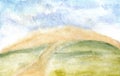 Abstract watercolor landscape background with clouds, roud, field