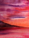 Abstract watercolor background. Colorful landscape of fiery sunset sky with purple clouds, pink calm water and dark Royalty Free Stock Photo