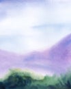 Abstract watercolor background with colorful layers. Gradient blurry landscape of green vegetation, purple mountains and soft blue