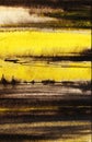 Abstract watercolor background. Expressive brown horizontal strokes of different thicknesses. Large yellow stripe. Lines