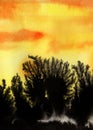 Abstract watercolor background. Gradient shading yellow orange colors of evening sunset sky. Black silhouette abstract trees. Royalty Free Stock Photo