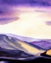 Abstract watercolor background. Peaceful blurry landscape of mountains lit by setting sun hiding in clouds. Hand drawn Royalty Free Stock Photo