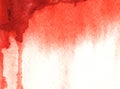 Abstract watercolor background. Red and white backdrop with blood-red paint drips leaking on grained textured paper