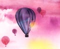 Abstract watercolor background. Sunrise in Cappadocia. Balloons on a pink sky background. Yellow sun. Purple clouds. Bright to