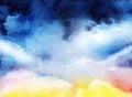 Abstract watercolor background. Sunset sky with cumulus clouds. Soft gradient from blue to yellow. Ombre. Thunderstorm clouds. Royalty Free Stock Photo