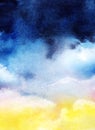 Abstract watercolor background. Sunset sky with cumulus clouds. Soft gradient from blue to yellow. Ombre. Thunderstorm Royalty Free Stock Photo