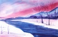 Abstract watercolor background. Winter romantic landscape. Gradient white to pink to blue. Beautiful sky. Sunrise. Light