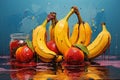 Abstract watercolor bananas and apples on a blue background. Still life, oil painting, poster.