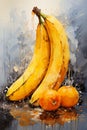 Abstract watercolor bananas and oranges on a gray background. Still life, oil painting, poster.